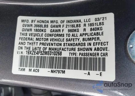 2021 Honda Insight Ex из США, поврежденный, VIN 19XZE4F52ME010268